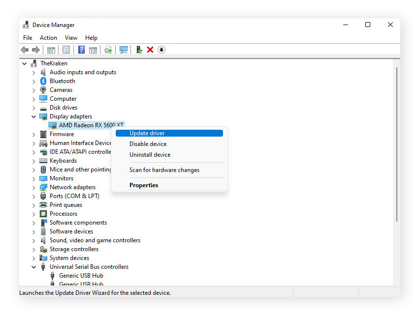 Click Display adapters, then right-click your graphics card and click Update driver.