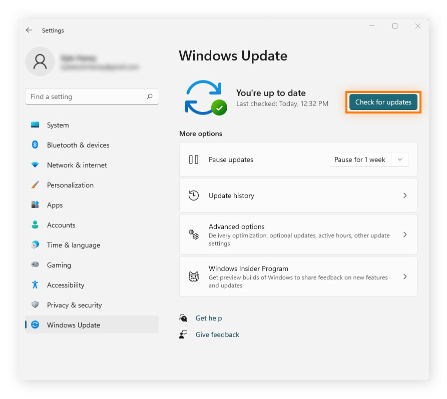 Click Check for updates to install the latest Windows version and any GPU driver updates available.