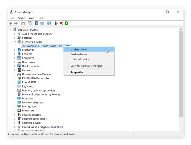 A screenshot of device manager. One device is right-clicked, with the option "Update driver" shown.
