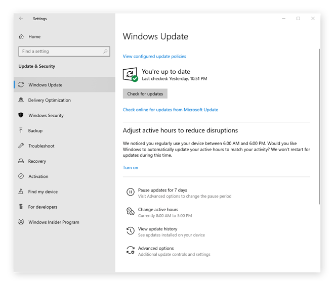 Configuring Windows Update in your system settings.