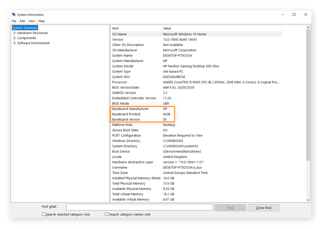 Localizando informações sobre a placa-mãe nas Informações do sistema no Windows.