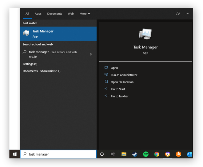 Recherche du Gestionnaire des tâches dans la barre de recherche de Windows.
