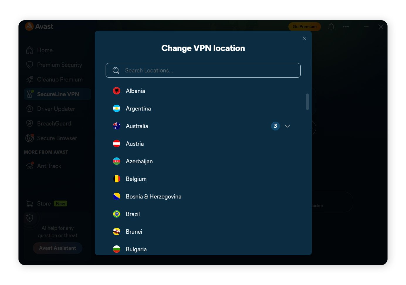 Selecting a VPN server location in SecureLine VPN.
