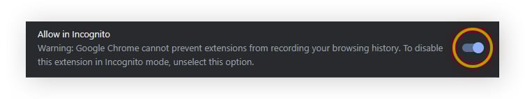 Una opción para Off The Record History. Pone «Permitir en incógnito» y está activado. Ahora se rastrea el historial en modo incógnito.