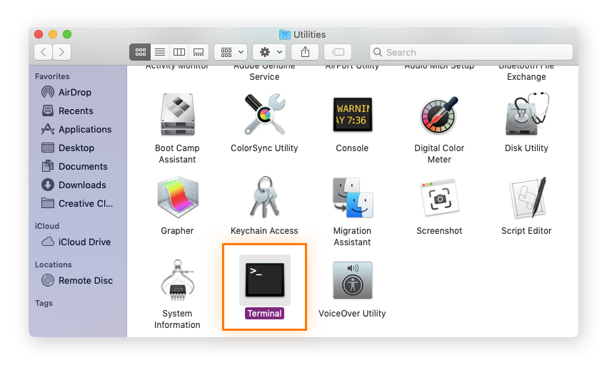Imagen de la interfaz de usuario que muestra la herramienta de línea de comandos Terminal en Utilidades en un macOS.