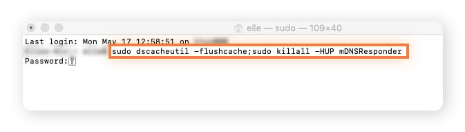Comando en Terminal para vaciar la caché de DNS en macOS.