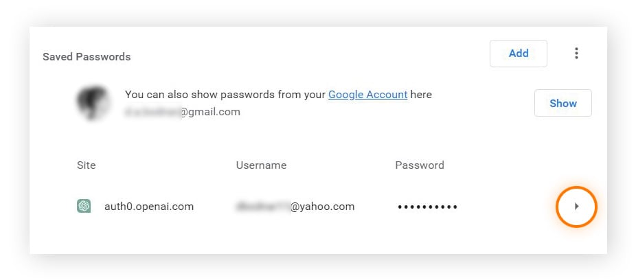 Click the arrow next to the password you want to see