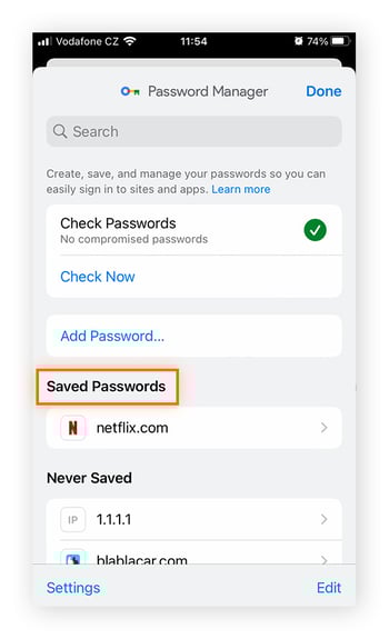  Under Saved Passwords, tap the account you want to view the password for.