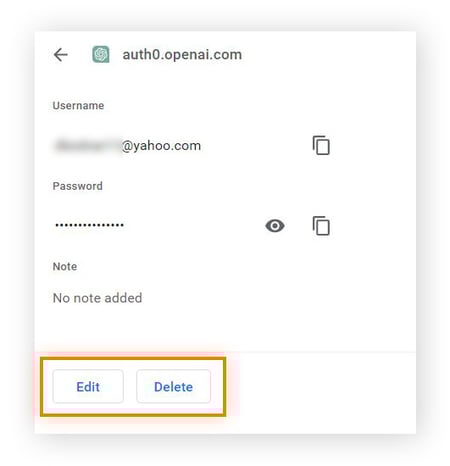 Uma página de informações sobre a senha da conta com os botões Editar e Excluir destacados