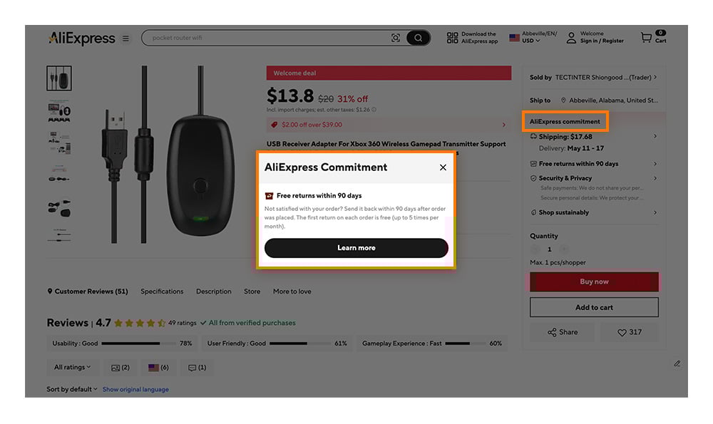 AliExpress Buyer Protection scheme with 'AliExpress commitment' badge.
