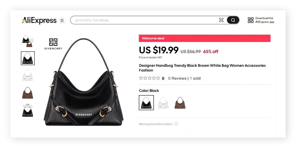 Example of a fake designer handbag listing on AliExpress with incorrect logos.