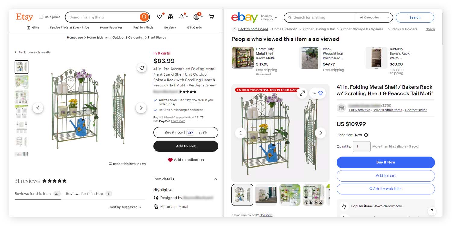 Screenshots: Abbildung eines Betrugs mit unterschiedlichen Preisen; dieselben Produkte mit unterschiedlichen Preisen auf Etsy und Ebay