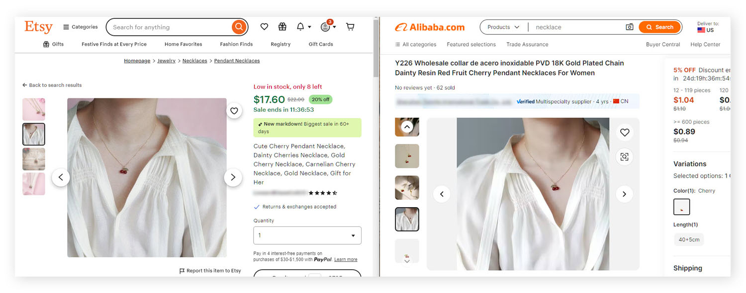 Screenshots: Ergebnisse einer umgekehrten Bildersuche entlarven einen Etsy-Betrugsversuch