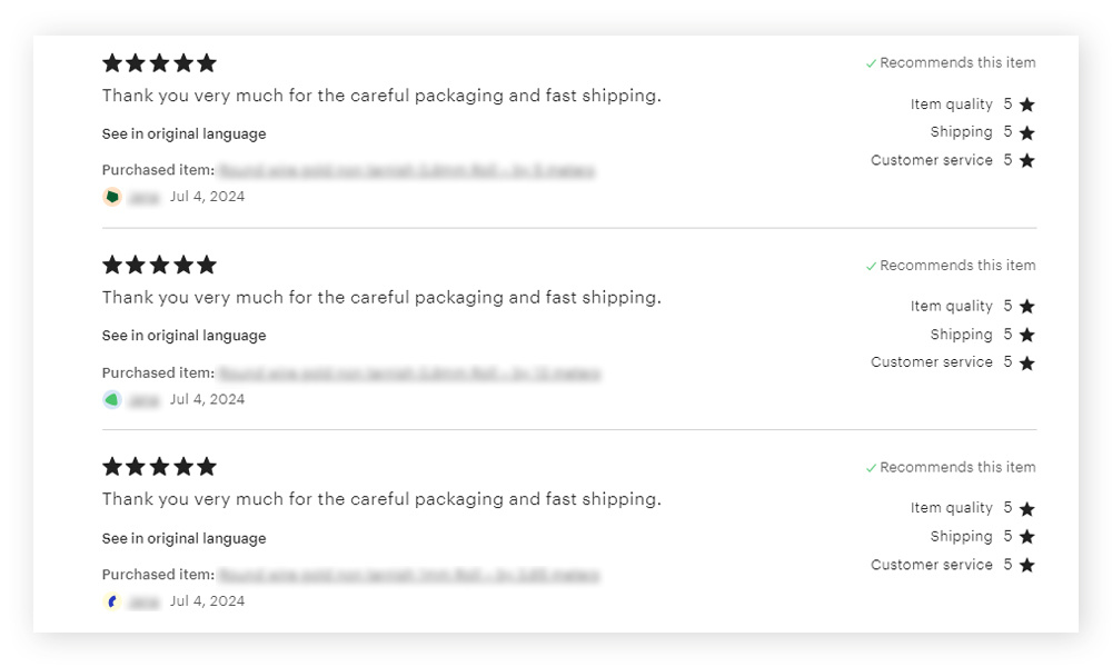 Screenshot: Verdächtige Etsy-Bewertungen mit wiederholten Formulierungen