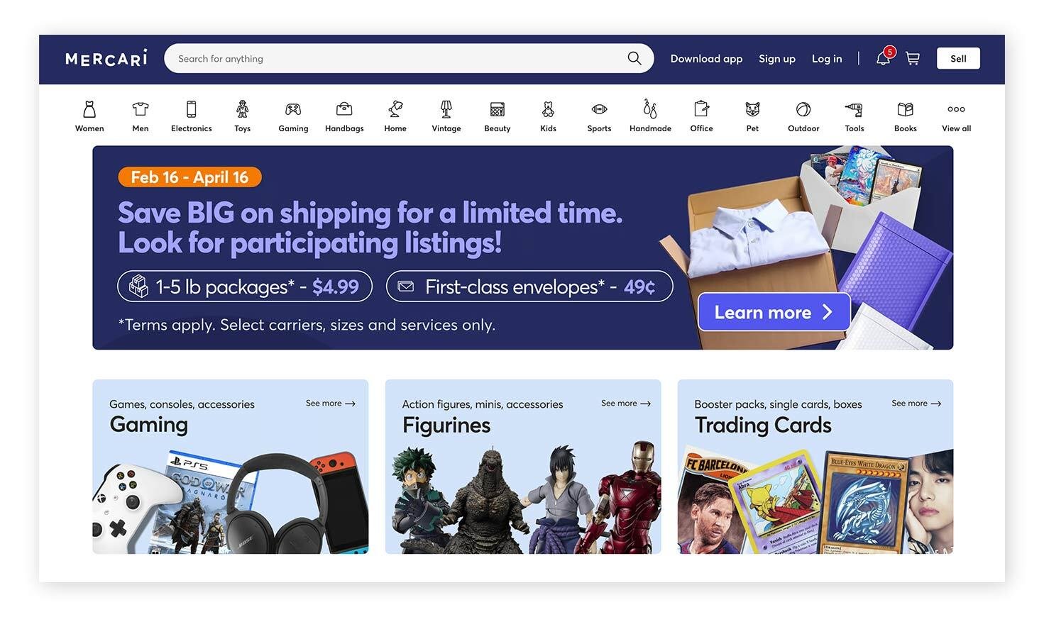 A screenshot showing the Mercari website home page.