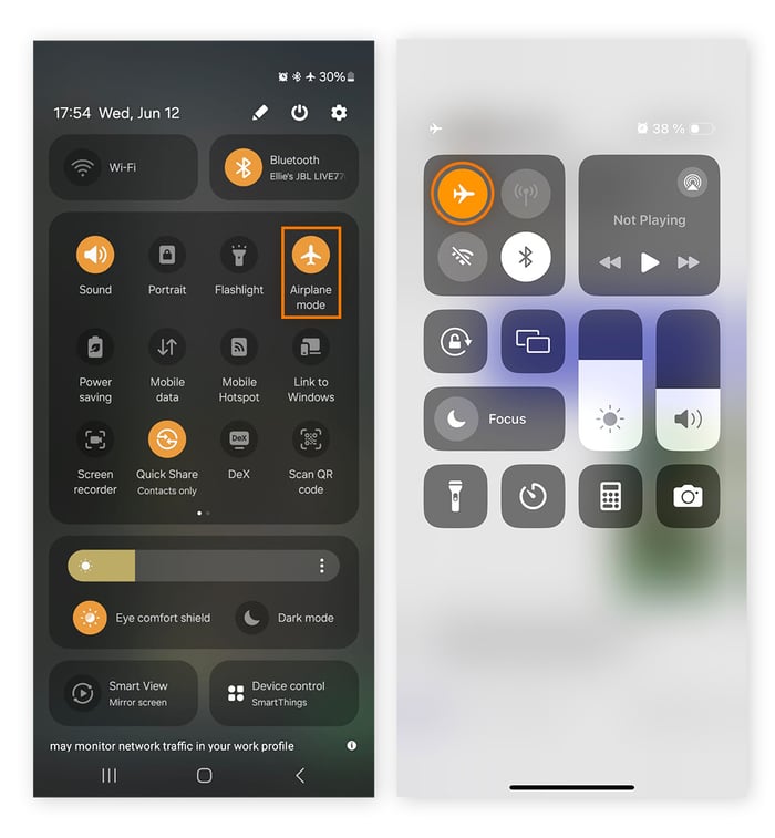 Screenshots illustrating turning on Airplane mode on Android and iOS to help prevent phone tracking.