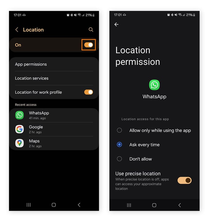 Blocking location tracking via Android settings.