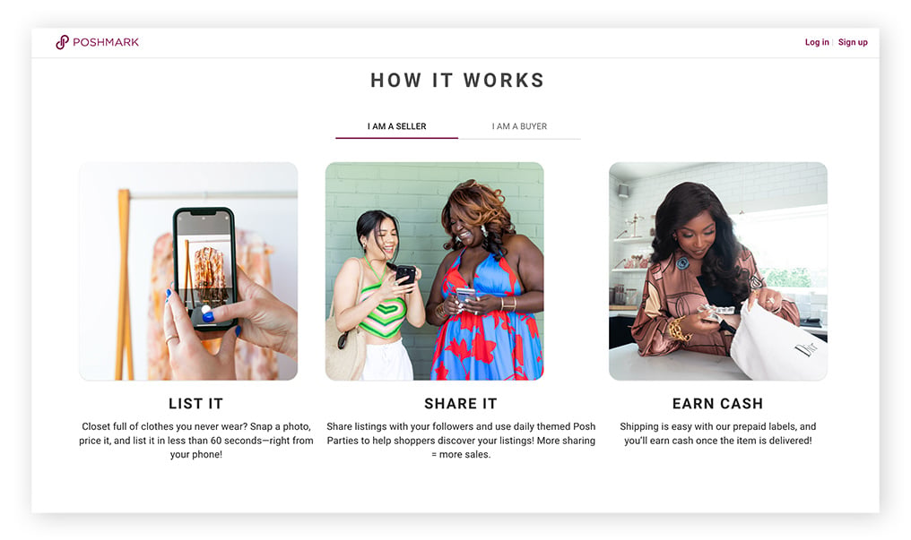 The Poshmark website explains how to get started as a seller or buyer.