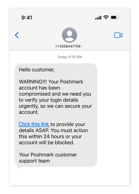 A fake text message from a scammer pretending to be Poshmark customer support.