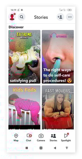 L’écran Découverte de Snapchat