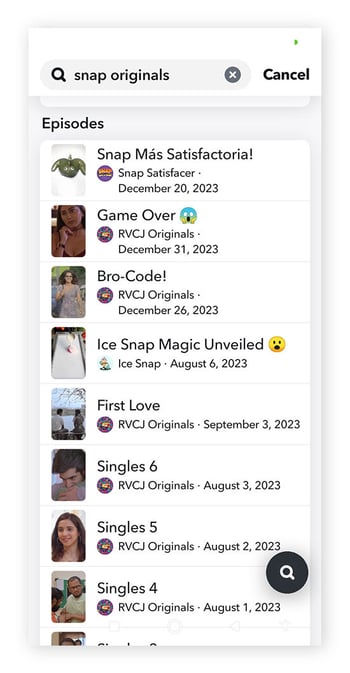 Exemple d’épisodes Snap Originals.