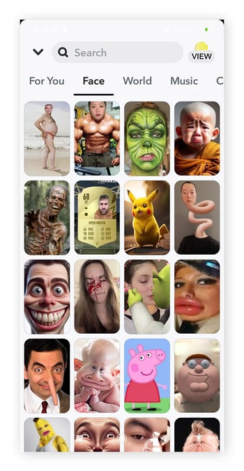 Écran des Lenses de visage de Snapchat