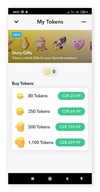 L’écran Mes jetons de Snapchat