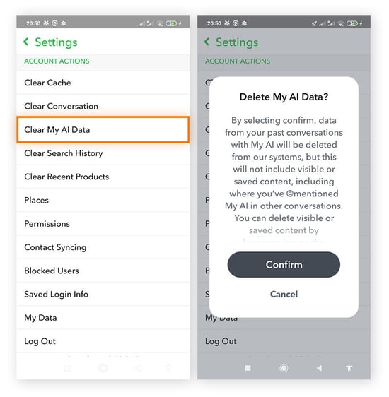 La section Actions sur le compte des paramètres de Snapchat, où vous pouvez effacer les données d’intelligence artificielle enregistrées dans la fonction My AI.
