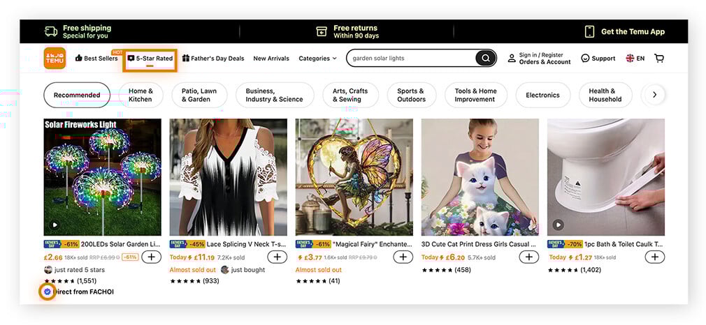 Página con calificación de 5 estrellas en Temu.com con la marca de vendedor verificado destacada.