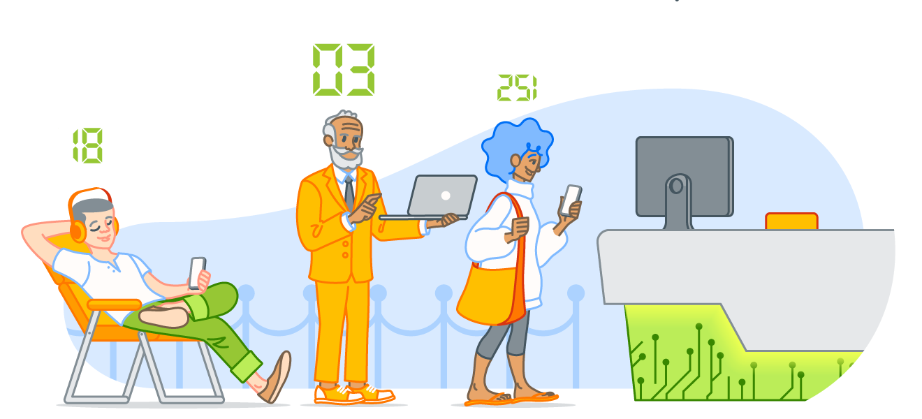 Three figures with randomly assigned queue numbers in a waiting area.
