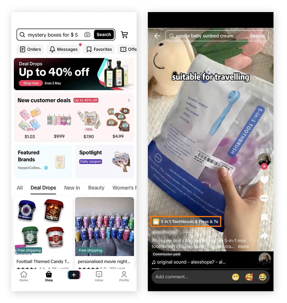 TikTok Shop homepage showing promotions next to a shoppable toothbrush video with a product purchase link.
