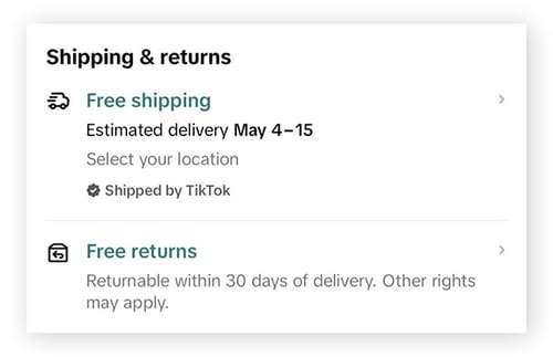 TikTok Shop Shipping & returns information showing free shipping and returns available.