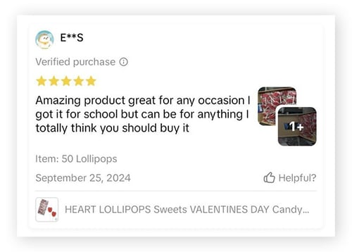 Five star review from a verified buyer of 50 lollipops on TikTok Shop.