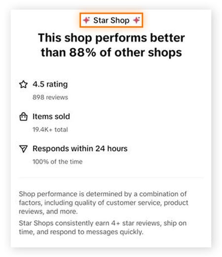 Example of a TikTok Star Shop with high performance ratings and response times.