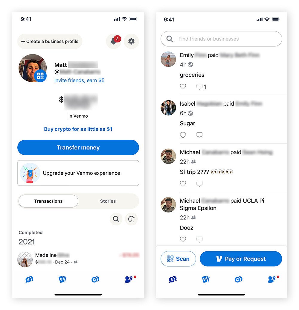 Venmo social feed showing payments between friends.