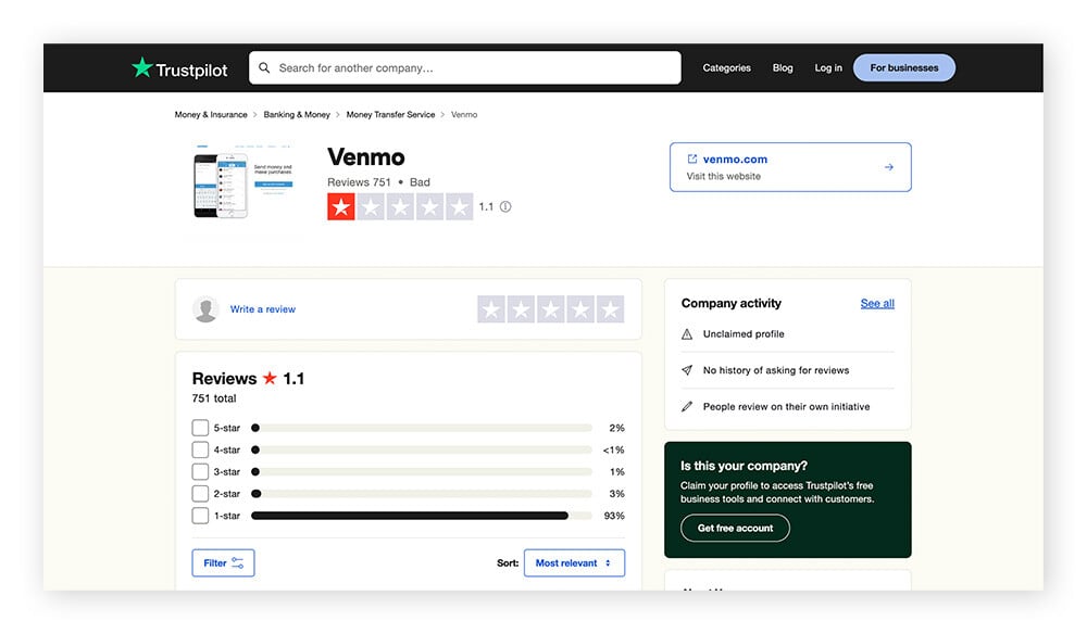 Venmo's TrustPilot review page.