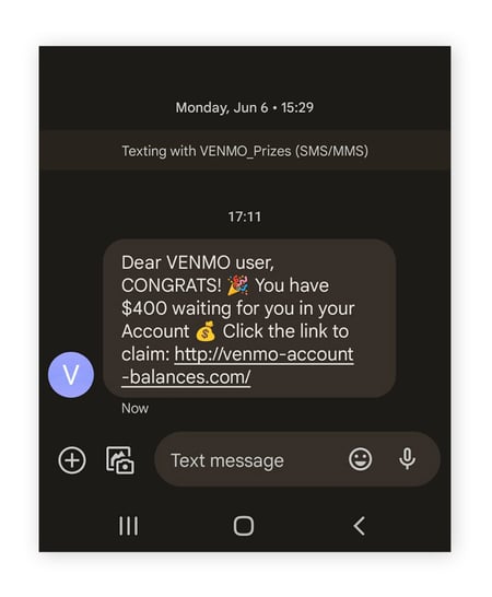 Fake Venmo text message phishing scam.