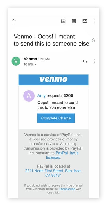 Email requesting a refund as an example of a Venmo overpayment scam.
