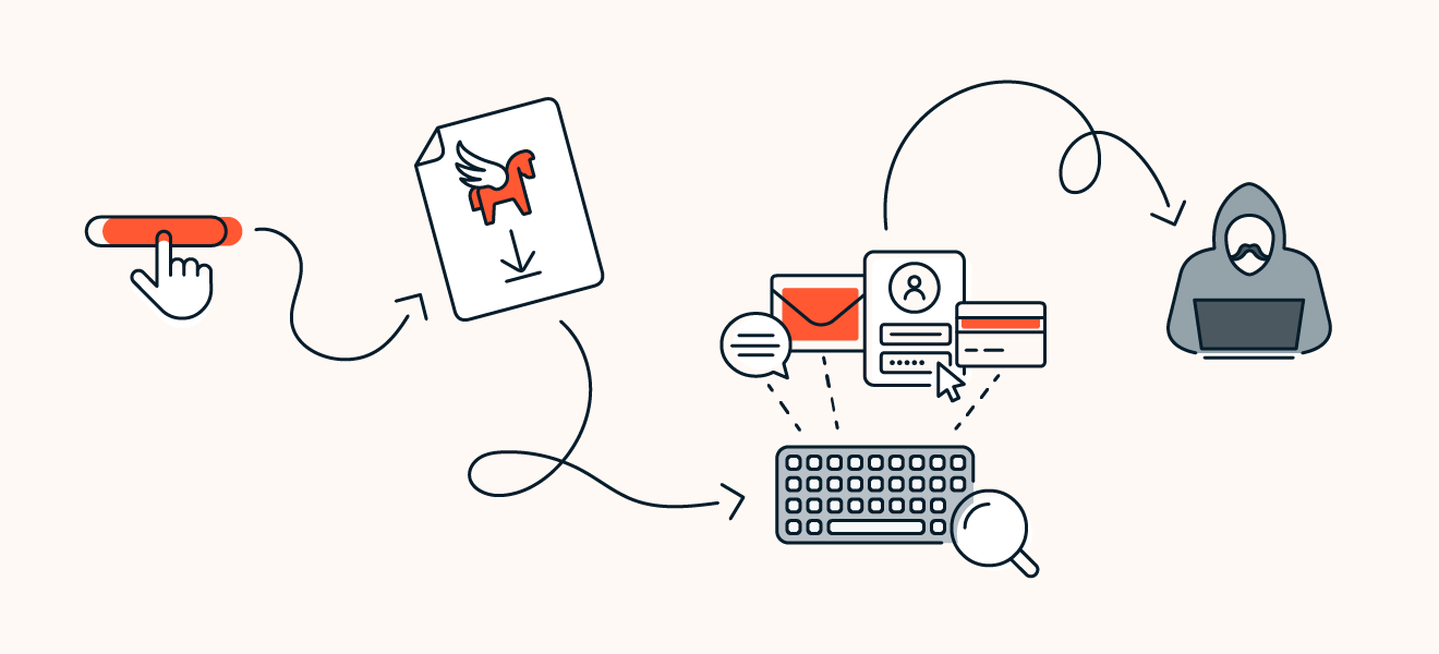 Pegasus spyware infects your device, collects your login info via keylogger, then sends info to NSO Group's servers.