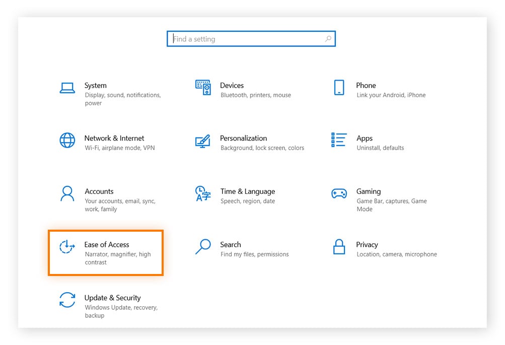 Sélection de Facilité d’accès dans les paramètres de Windows.