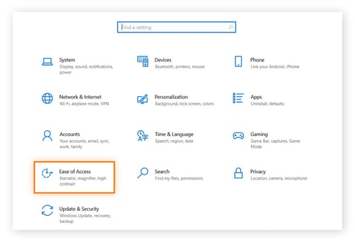 Selecting Ease of Access in Windows Settings.