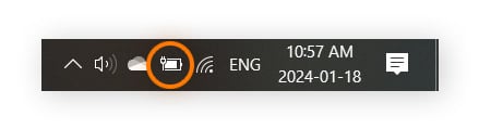 Abertura das configurações da bateria na barra de tarefas do Windows.