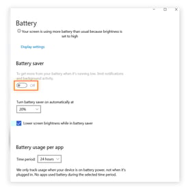 Turning off battery saver in Windows Battery settings.