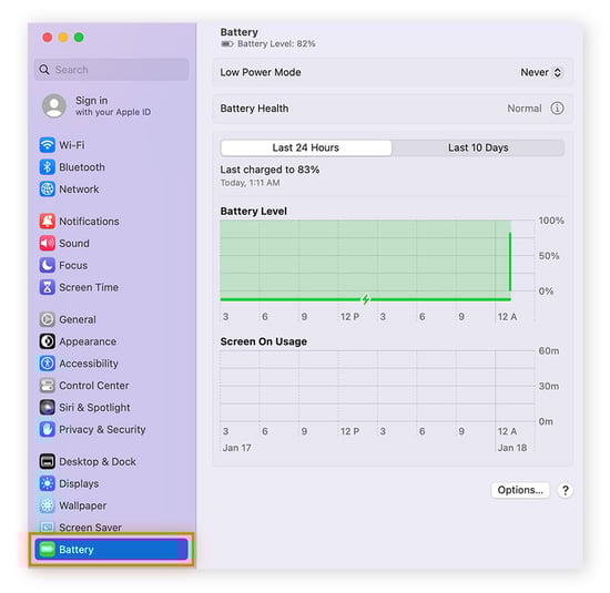  Ouverture des options de la batterie dans les paramètres du système Mac.