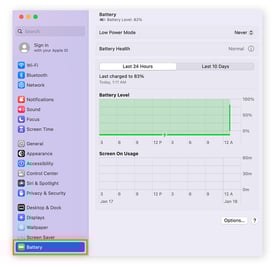 Opening Battery options in Mac system settings.