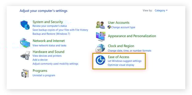 Ouverture des paramètres de facilité d’accès dans le menu du panneau de configuration de Windows.