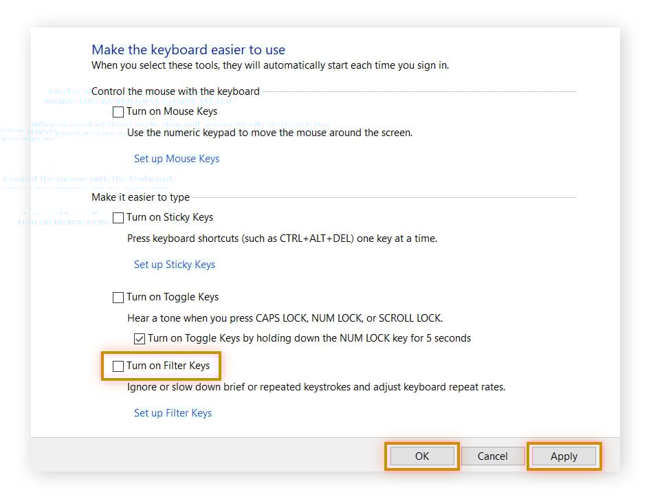 Désactivation du filtre et des touches rémanentes dans les paramètres du clavier Windows.