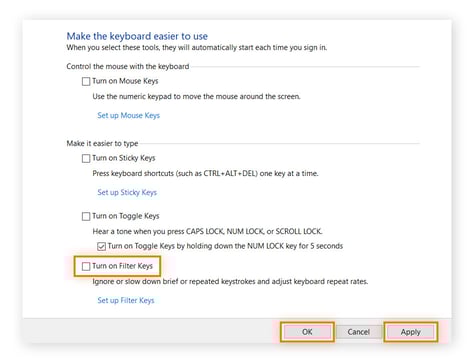 Turning off filter and sticky keys in Windows keyboard settings.