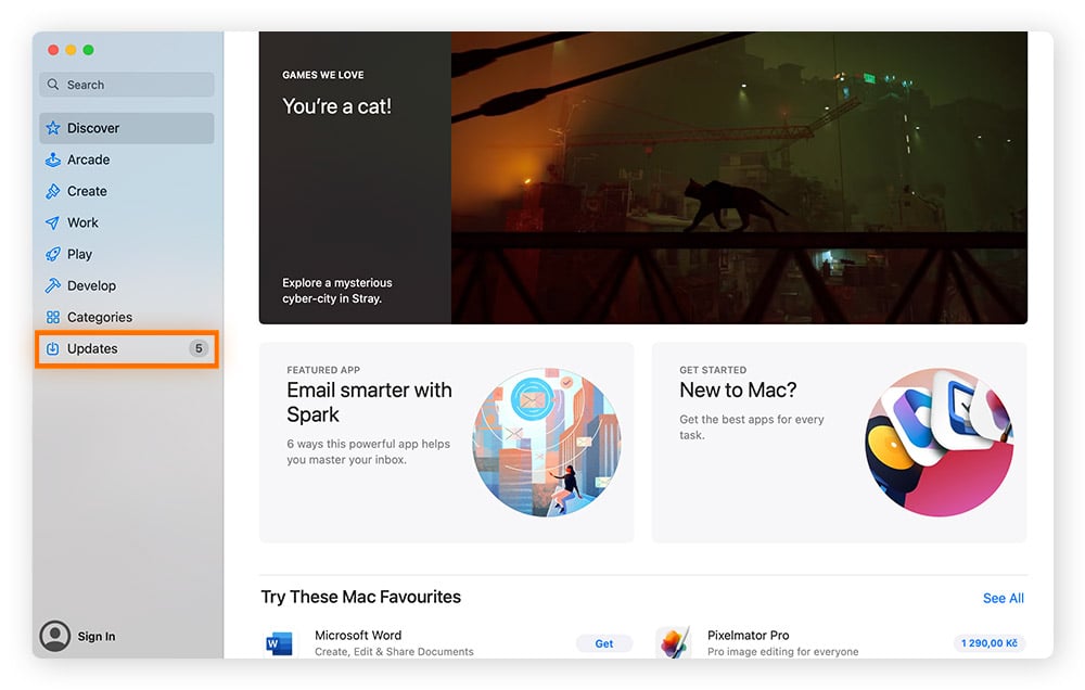 Verificação de atualizações em um Mac na App Store da Apple.