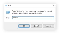Opening Control Panel via the Run utility on Windows 10.